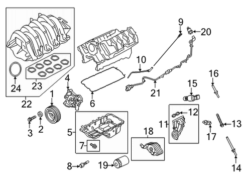 2022 Ford F-150 Engine Parts, Mounts, Cylinder Head & Valves, Camshaft & Timing, Variable Valve Timing, Oil Cooler, Oil Pan, Oil Pump, Adapter Housing, Crankshaft & Bearings, Pistons, Rings & Bearings Diagram 2