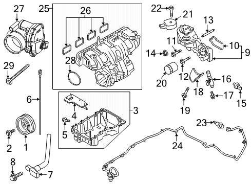 2021 Ford Ranger Engine Parts, Mounts, Cylinder Head & Valves, Camshaft & Timing, Variable Valve Timing, Oil Cooler, Oil Pan, Oil Pump, Balance Shafts, Crankshaft & Bearings, Pistons, Rings & Bearings Diagram 1
