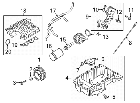 2020 Ford Explorer Engine Parts, Mounts, Cylinder Head & Valves, Camshaft & Timing, Variable Valve Timing, Oil Cooler, Oil Pan, Oil Pump, Adapter Housing, Balance Shafts, Crankshaft & Bearings, Pistons, Rings & Bearings Diagram 3