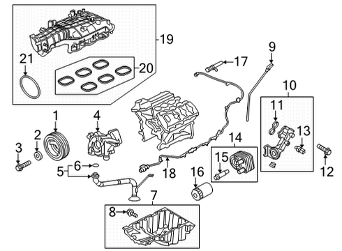 2022 Ford F-150 Engine Parts, Mounts, Cylinder Head & Valves, Camshaft & Timing, Variable Valve Timing, Oil Cooler, Oil Pan, Oil Pump, Adapter Housing, Crankshaft & Bearings, Pistons, Rings & Bearings Diagram 1