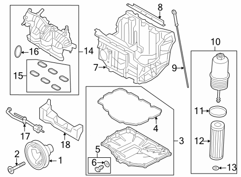 2020 Ford Explorer Engine Parts, Mounts, Cylinder Head & Valves, Camshaft & Timing, Variable Valve Timing, Oil Cooler, Oil Pan, Oil Pump, Adapter Housing, Balance Shafts, Crankshaft & Bearings, Pistons, Rings & Bearings Diagram 2