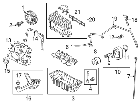 2020 Ford Fusion Engine Parts, Mounts, Cylinder Head & Valves, Camshaft & Timing, Variable Valve Timing, Oil Pan, Oil Pump, Balance Shafts, Crankshaft & Bearings, Pistons, Rings & Bearings Diagram 1